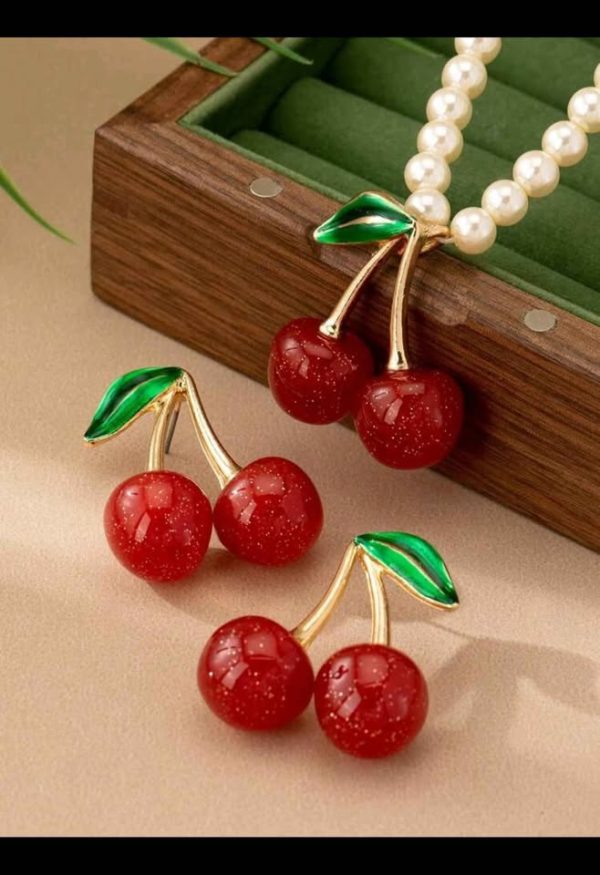 Set Elegante de Collar y Aretes con Colgante de Cereza Francesa Dulce - Image 2