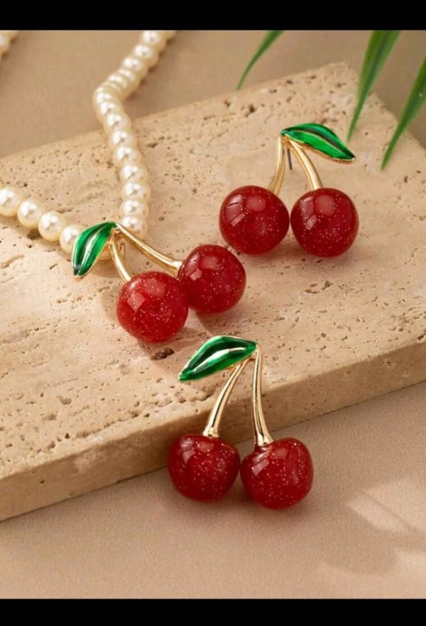 Set Elegante de Collar y Aretes con Colgante de Cereza Francesa Dulce - Image 4