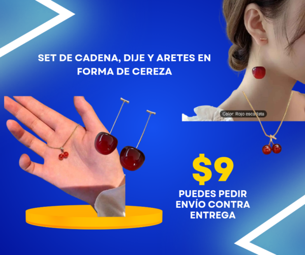 set de cadena, dije y aretes en forma de cereza